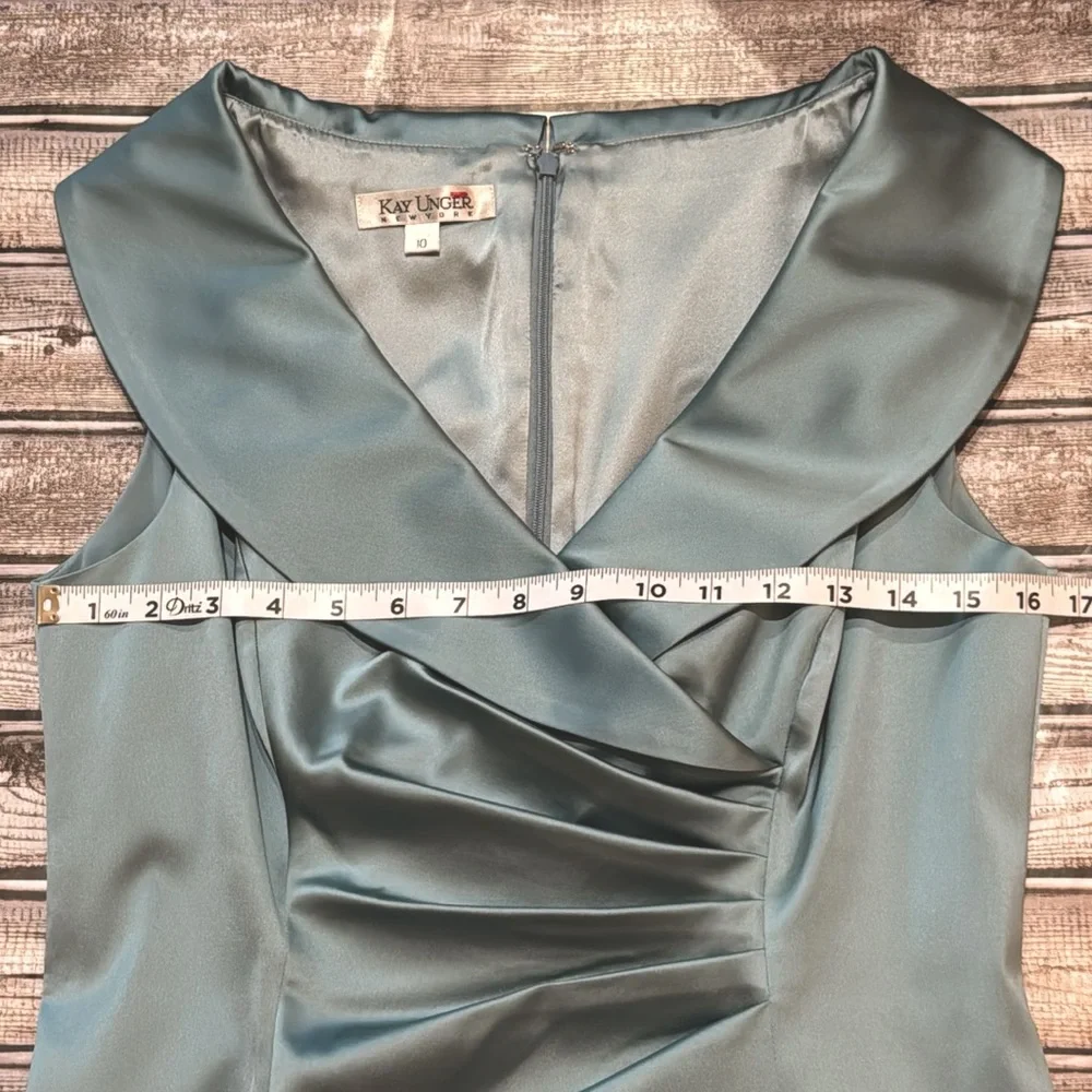 Silk Misty Blue Portrait Collar Ruched Sleeveless Tea Length Dress 10 - Picture 11 of 14